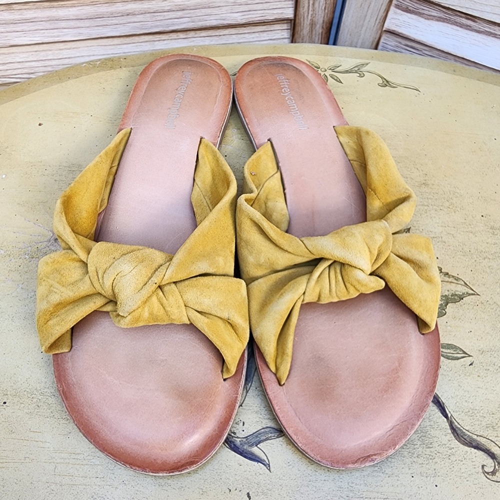 Jeffrey Campbell Sz 7 / 38 Yellow Leather Suede Knot Slide Sandal Boho Flat
